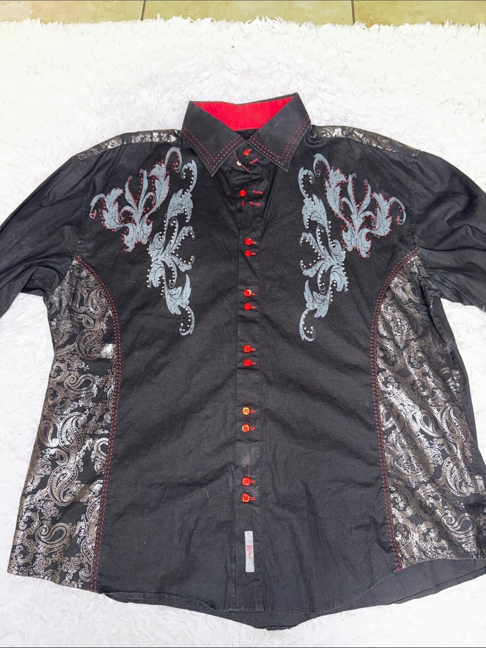 Men's Black Embroidered Button-Up Shirt with Red Accents